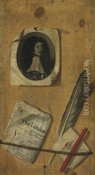 A Trompe-l'oeil Letter Rack, With An Engraving Of King Charles Ii, A Newspaper, A Quill, A Pen And A Penknife Oil Painting - Edward Collier