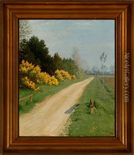 Sunny Landscape With Blooming Flowers By A Country Road Oil Painting - Valdemar Holger V. Rasmussen Magaard