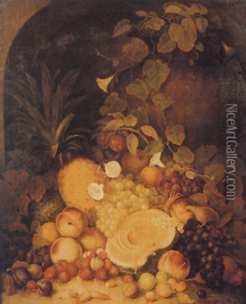 Still Life Of Fruits Together With A Vase And Ivy Oil Painting - George Lance