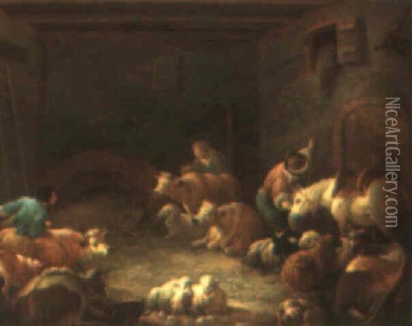 Barn Interior With Farmers Tending To Their Animals Oil Painting - Gerard Hoet the Elder