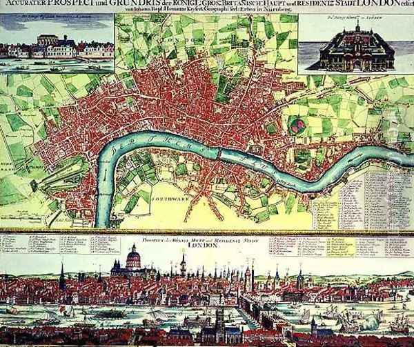 Aerial Map of London and View across the Thames from South Bank with St Pauls and London Bridge Oil Painting - Johann Baptist Homann