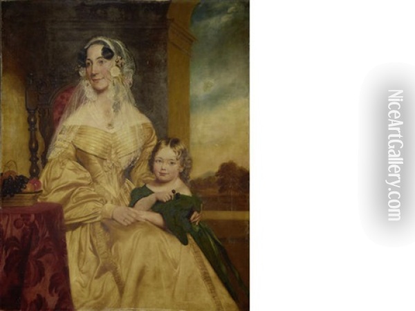 Portrait Of A Lady, Thought To Be Lady Anne Clegg-hill, In A Gold Dress, With Her Unbreeched Son, Later The 3rd Viscount Hill, By Her Side Oil Painting - Henry William Pickersgill