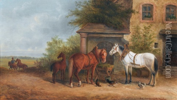 Ausgespannte Pferde Vor Der Schenke Oil Painting - Josef Hermannstoerfer