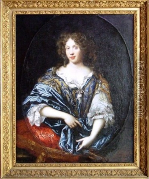 Portrait D'une Dame De Qualite En Robe Bleue Assise Dans Un Fauteuil Dore Garni De Soierie Rouge Oil Painting - Pierre Mignard the Younger