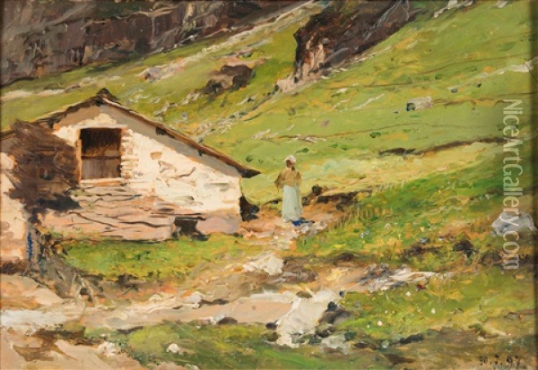 Contadina In Montagna Oil Painting - Lorenzo Delleani