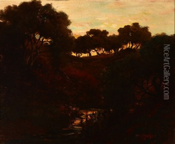 Oak Trees On A Ridgeline, Backlit With Sunset Oil Painting - William Lee Judson