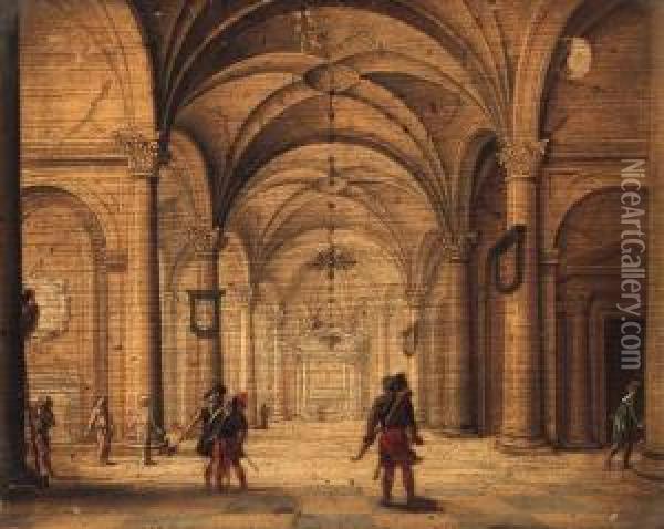 The Interior Of A Cathedral With Soldiers In The Foreground Oil Painting - Jan van Vucht