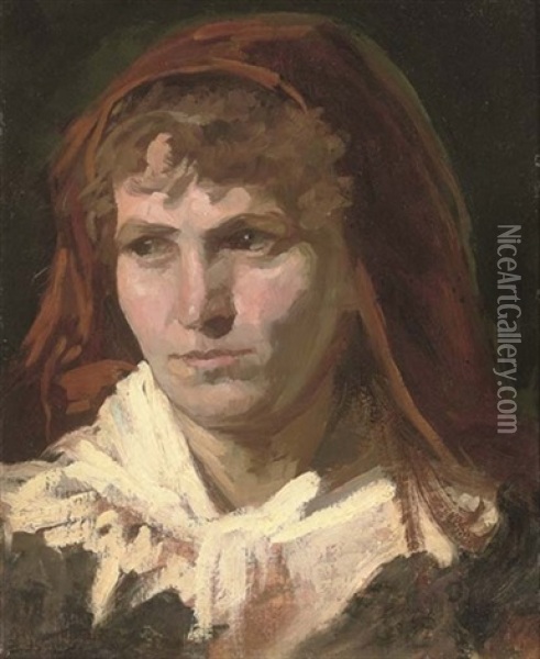 Portrait Of A Lady In A Red Headscarf Oil Painting - Frank Duveneck