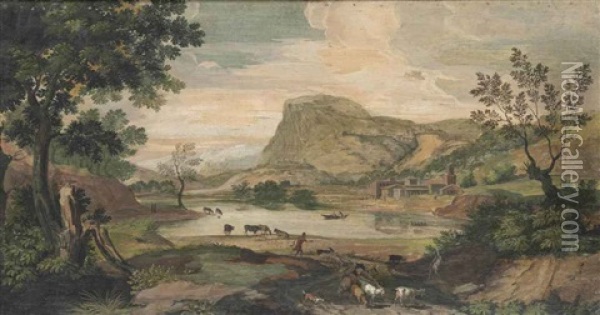 An Extensive Italianate Landscape With A Herdsman And Goats On A Path In The Foreground, A Lake And Village Before A Mountain Beyond Oil Painting - Marco Ricci