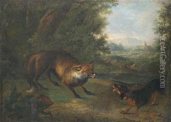 Ein Dackel Und Ein Fuchs Begegnen Sich Am Wald Oil Painting - Johann Elias Ridinger