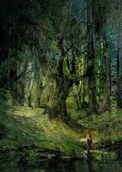 Madchen Im Wald Oil Painting - Anton Mueller-Wischin