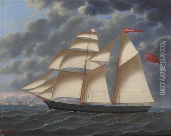 The Brigantine Raven In Full Sail Off A Northern European Port Oil Painting - John Frederick Loos