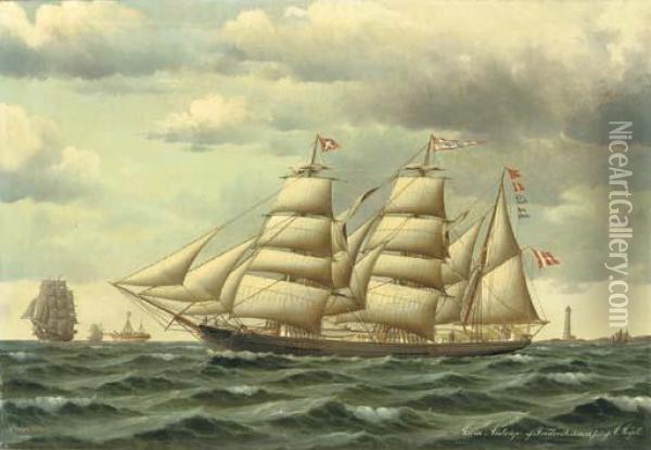 The Danish Barque Maria Aistrup Of Frederikshavn Under Reduced Sailoff A Danish Coast Oil Painting - Jorgan Dahl