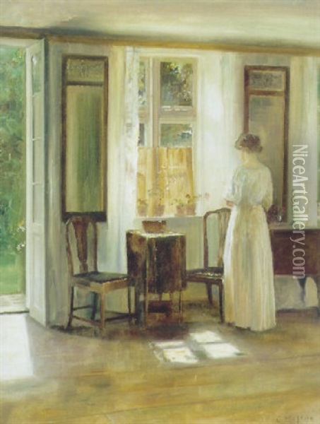 Sollys I Stuen Med En Ung Pige I Hvid Kjole Ved Vinduet Oil Painting - Carl Vilhelm Holsoe