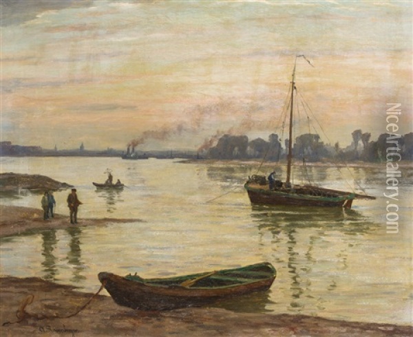 Abendstimmung Am Rhein Oil Painting - Alfred Rasenberger