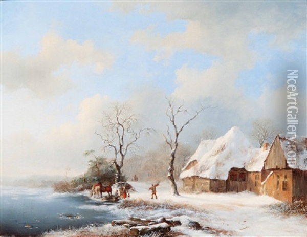 Winter Landscape With Riders By A Farm Oil Painting - Frederik Marinus Kruseman