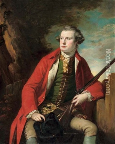 Portrait Of John Harvey Thursby Of Abbington Abbey In A Green Waistcoat And Red Coat, Holding A Gun Oil Painting - Henriette Edith Grace