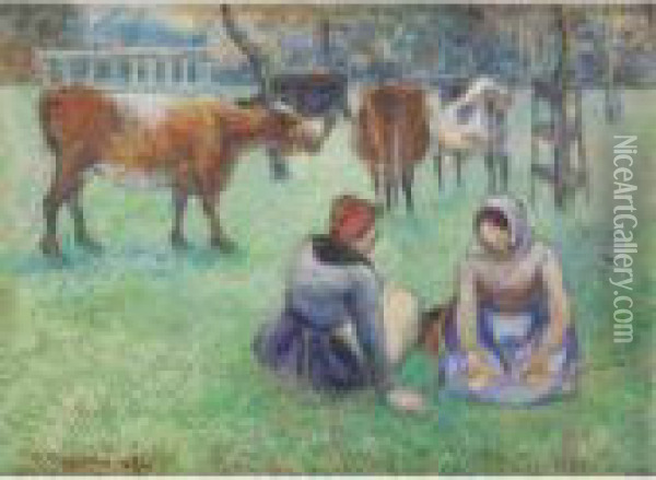 Paysannes Assises Gardant Des Vaches Oil Painting - Camille Pissarro