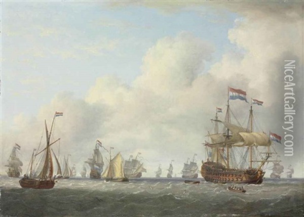 Dutch Men-o-war And Other Vessels In A Fresh Breeze Oil Painting - Charles Martin Powell