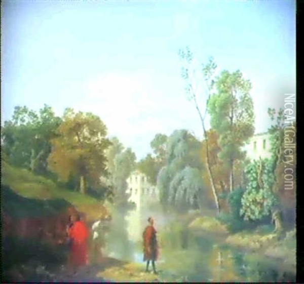 Toskanische Flusslandschaft Mit Figurenstaffage Oil Painting - Benjamino de Francesco