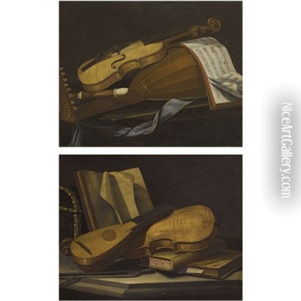 A Still Life Of A Violin, A Lute And A Recorder On A Table (+ A Still Life Of A Violin And A Lute On A Table With Books; Pair) Oil Painting - Cristoforo Munari