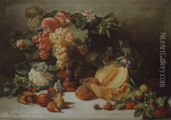 Grapes In A Tazza, With Melon, Peaches, Pears, A Cauliflower And Other Fruit And Vegetables On A Marble Ledge Oil Painting - Josep Mirabent Gatell