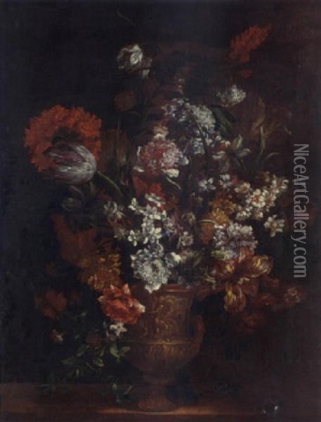 A Still Life With Tulips, Carnations, Poppy Anemones, Hyacinths And Other Flowers In A Copper Vase On A Ledge Oil Painting - Jean-Baptiste Monnoyer