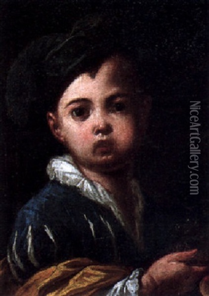 Portrait Of A Little Boy Wearing A Blue Slashed Doublet And Cap, Holding Grapes Oil Painting - Antonio Mercurio Amorosi