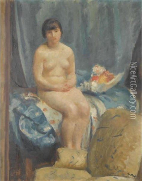 Nude On A Bed With Flowers Oil Painting - Wojciech Weiss