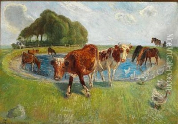 Skoven Pa Saltholm. Kvaeg Ved Vandhullet Oil Painting - Theodor Philipsen