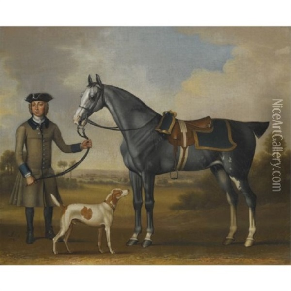 A Gray Hunter Held By A Groom With A Hound In A Landscape Oil Painting - James Seymour