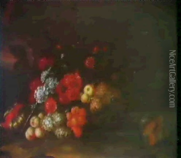 Nature Morte Aux Fleurs Et Fruits Dans Un Paysage Oil Painting - Jakob Bogdani