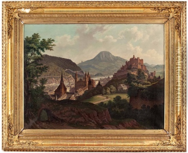 Blick Auf Die Franziskanerkirche, Die Domfassade Und Die Festung Von Salzburg, Aufgenommen Vom Monchsberg Oil Painting - Hubert Sattler