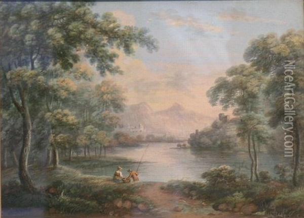 A Couple Fishing Beside A Lake Oil Painting - John Varley