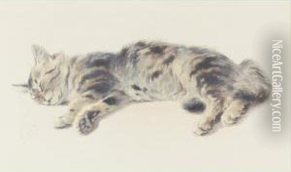 Sleeping Cat Oil Painting - Ferdinand Oger