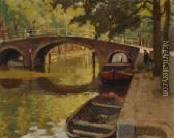 View Of A Canal And A Bridge Oil Painting - Bernard, Ben Viegers