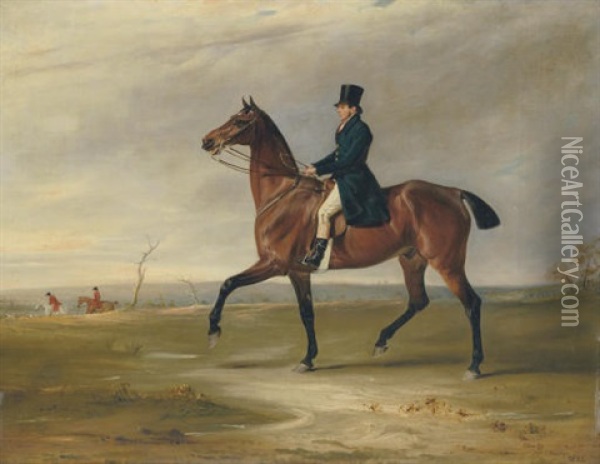 A Gentleman, (francis Holyoake?) On A Bay Hunter In A Landscape, A Hunt Beyond Oil Painting - John E. Ferneley