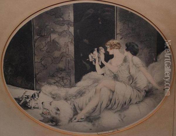 Ladies W/ Puppies Oil Painting - Louis Icart