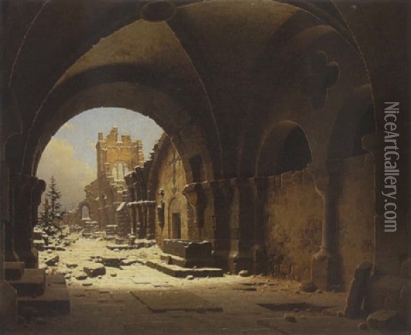 Blick Auf Die Kirchenruine Im Winter Oil Painting - Carl Georg Adolph Hasenpflug