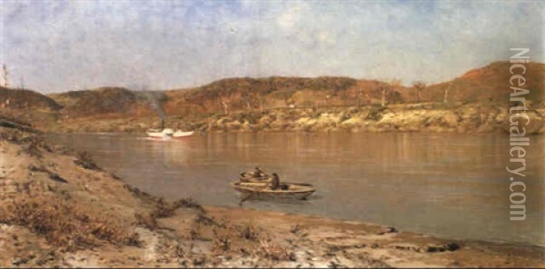 A River Scene With A Steamboat Oil Painting - Rubens Santoro