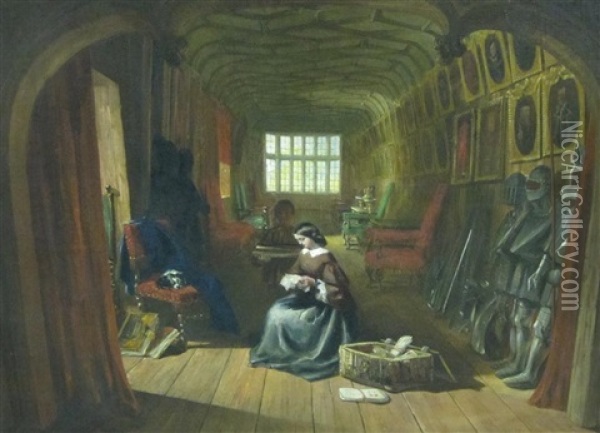 Figures In The Brown Gallery, Knole, Kent Oil Painting - Louise J. Rayner