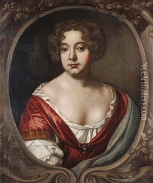 Portrait Of A Lady, Bust-length, In A Red Dress With A White Chemise, In A Painted Stone Cartouche Oil Painting - Mary Beale