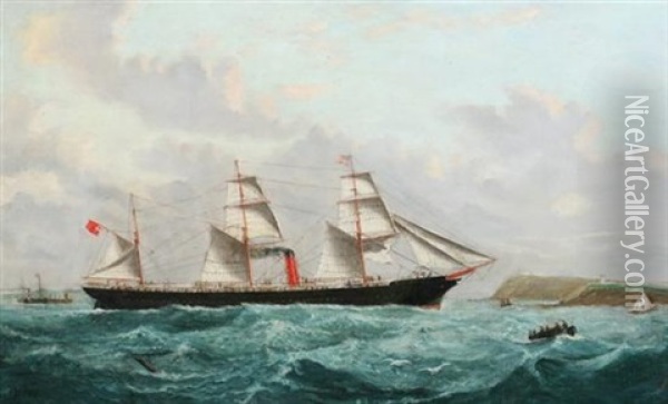 Three-masted Steam Sacht Off Coast Oil Painting - T.G. Purvis