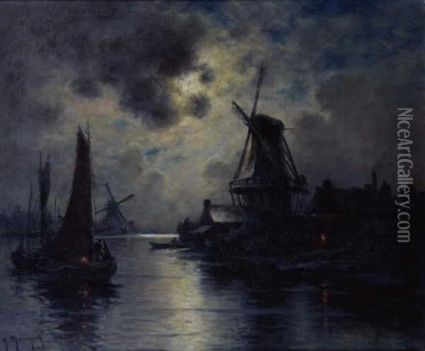 Port En Hollande Au Clair De Lune Oil Painting - Georges Philibert Charles Maroniez