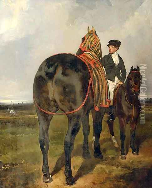 A horse held by a mounted groom, in a landscape Oil Painting - Alfred Dedreux