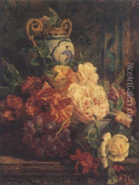 Still Life Of Roses, Grapes And An Urn, On A Ledge Oil Painting - Anne Ferray Mutrie