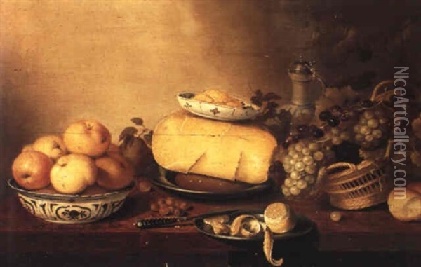 Still Life With Apples, Cheese And Bread On Plates On A Table Oil Painting - Jan Albert Rootius