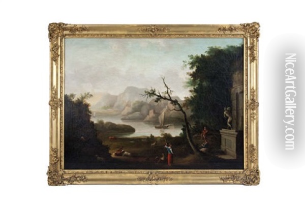 A Southern River Landscape With Figures And Animals, A Classical Statue By A Ruin In The Right Foreground Oil Painting - Jeremiah Hodges Mulcahy