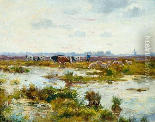 Farmer With Sheep And Cows In A Widelandscape Oil Painting - Cornelis Koppenol