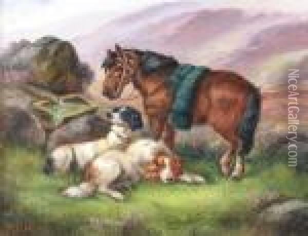 Setters And Ponies In A Highland Landscape Oil Painting - Robert Cleminson